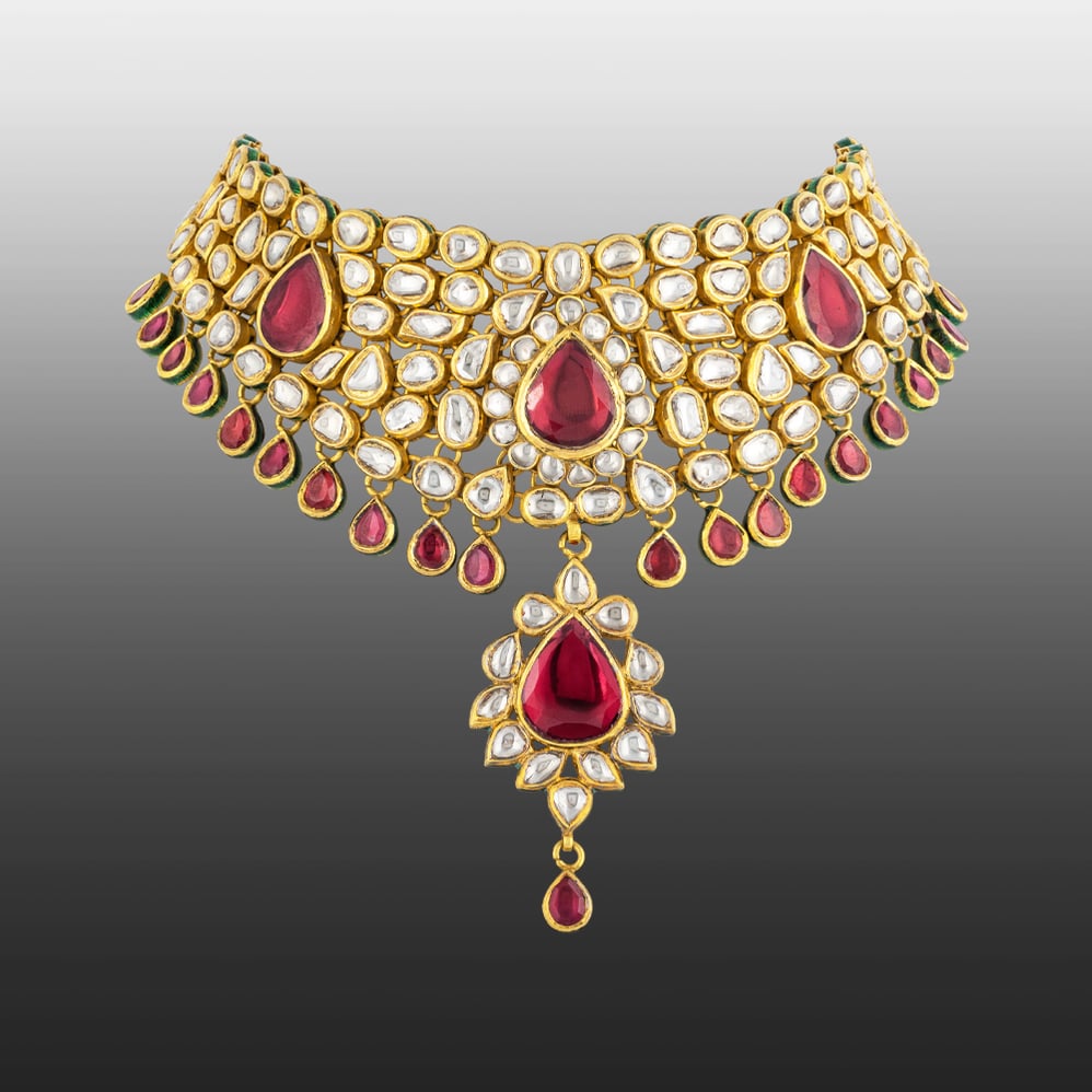 Pink Colourstone Polki Choker with Teardrop Accents